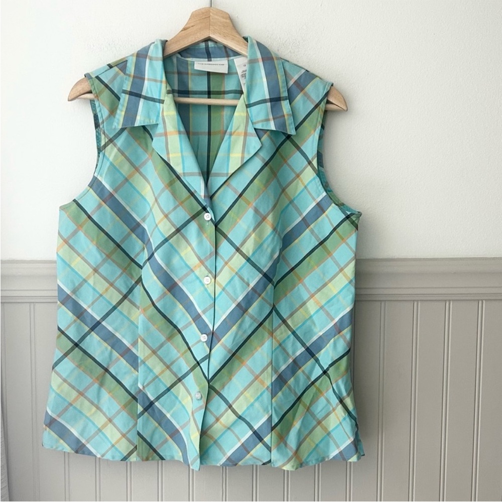 Liz Claiborne Aqua and Beige Plaid Sleeveless Shirt size 12 large